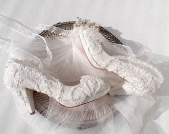 Ivory Floral Lace Beaded Wedding Heels for Bride