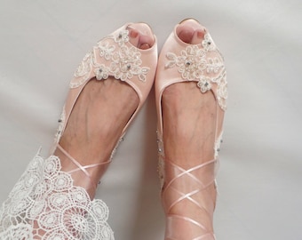 Blush Satin Bridal Flats with Ivory Floral Lace and Silver Rhinestone Embellishments