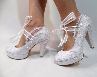 Wedding Shoes for Bride, White Lace Bridal Shoes