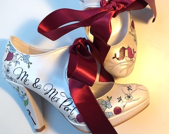 Custom Wedding Shoes with Burgundy Ribbons, Personalized Floral Design Bridal Shoes