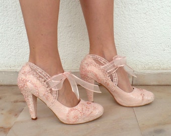 Blush Pink Lace Wedding Shoes with Pearls and Ribbons