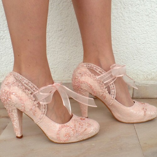 Blush Lace Wedding Shoes With Pearls and Ribbons Etsy