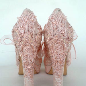 Blush Lace Wedding Shoes for Bride with Block Heels image 6