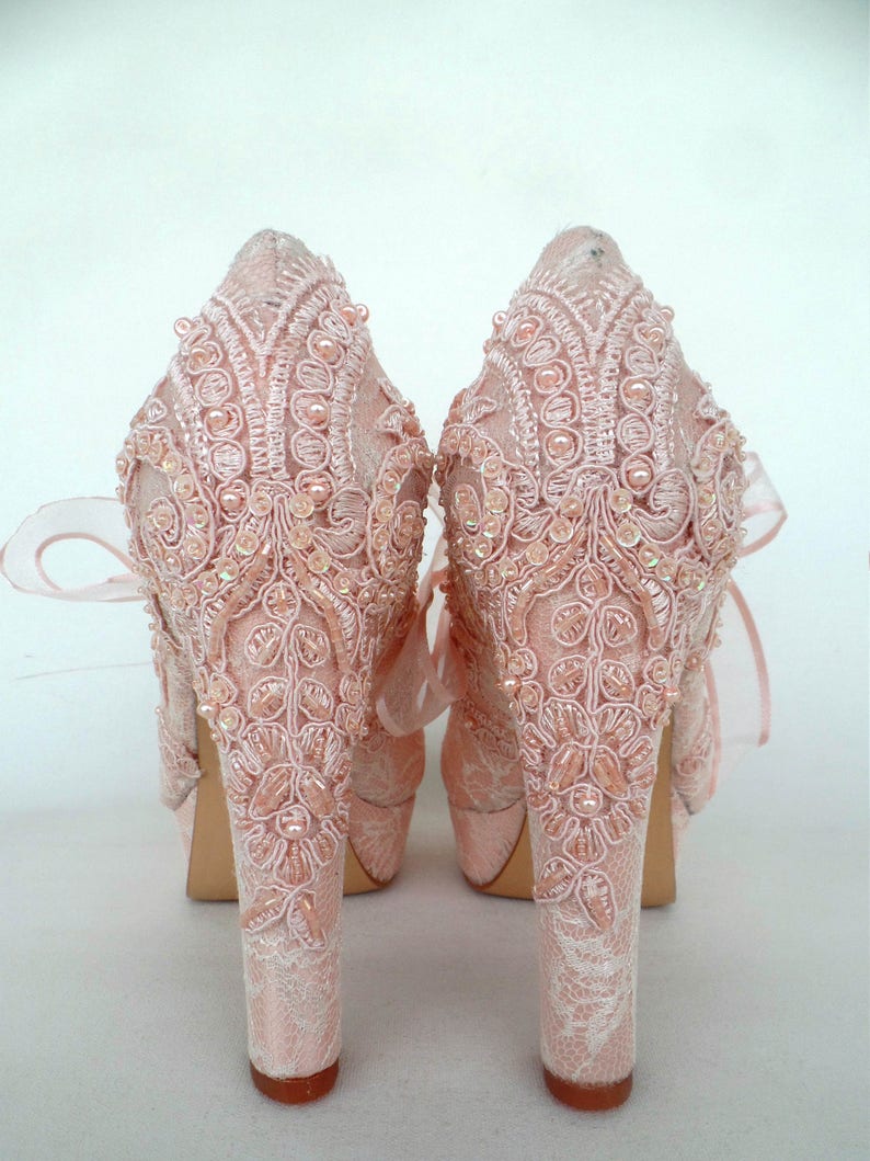 Blush Lace Wedding Shoes for Bride with Block Heels image 6