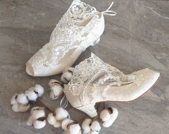 Ivory Lace Boho Bridal Boots with Kitten Heels