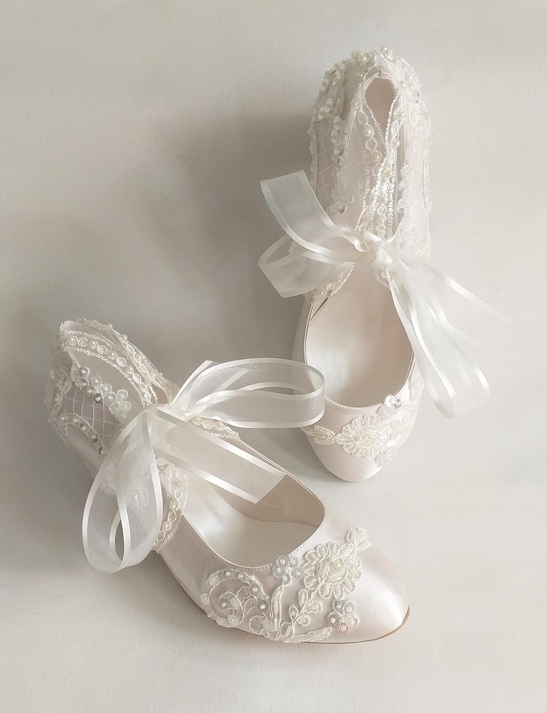 Bridal Shoes With Floral Beaded Lace, Ivory Satin Low Heel Wedding ...