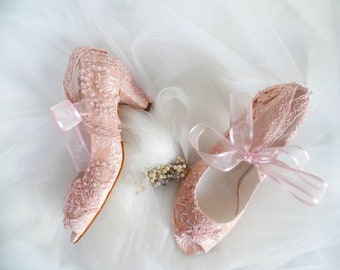 Blush Pink Lace Wedding Shoes for Bride with Low Heels