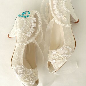 Teal Embroidered Ivory Lace Wedding Shoes for Bride 6.5cm(2 1/2")heels