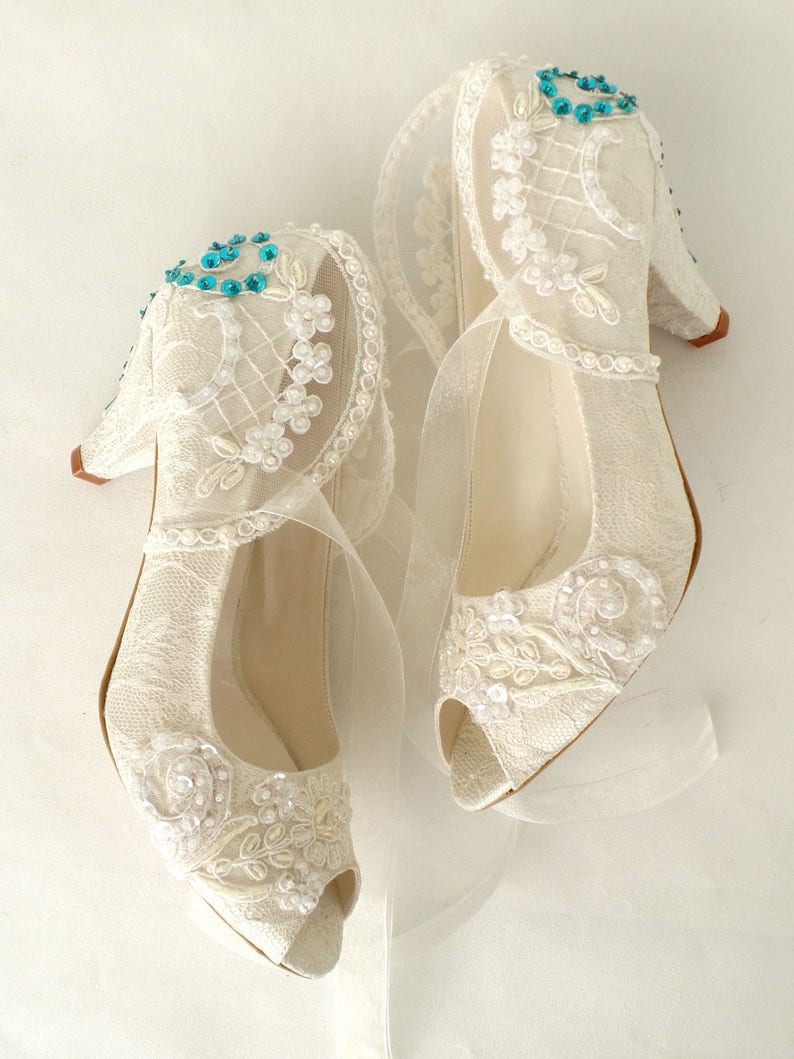 Teal Embroidered Ivory Lace Wedding Shoes for Bride 6.5cm(2 1/2")heels