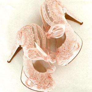 Blush Lace Wedding Shoes for Bride with Ribbons