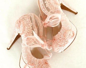 Blush Lace Wedding Shoes for Bride with Ribbons