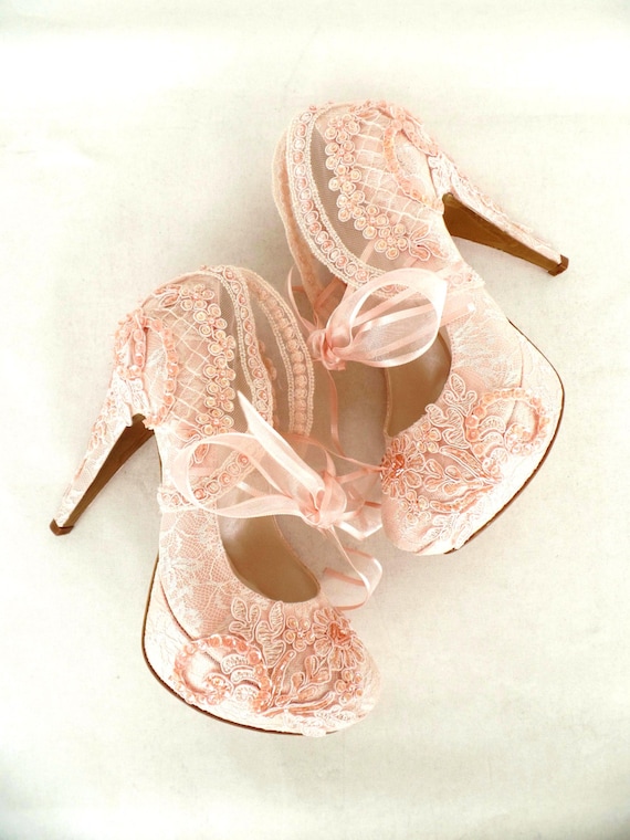 Blush Lace Wedding Shoes for Bride with 