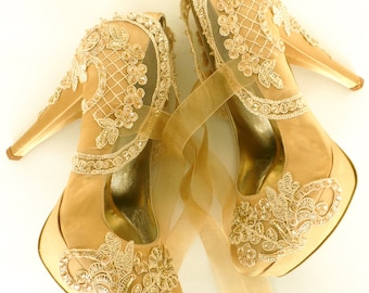 Gold Bling Wedding Shoes, Gold Lace Bridal Shoes