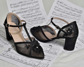 Black Tulle Wedding Shoes: Floral Lace Block Heels for Bride