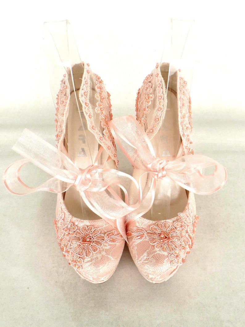 Blush Lace Wedding Shoes for Bride With Ribbons | Etsy