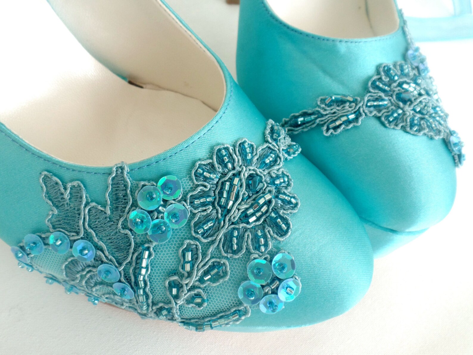 Embellished Lace Wedding Shoes Teal Satin Embroidered Bridal - Etsy