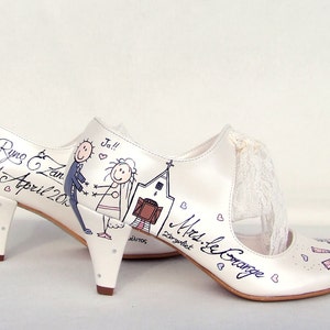 Personalized wedding shoes for bride with low heels, handpainted bride and groom, handwritten names and wedding date.