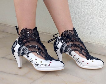 Black and White Custom Wedding Shoes for Bride with Lace Embellishment