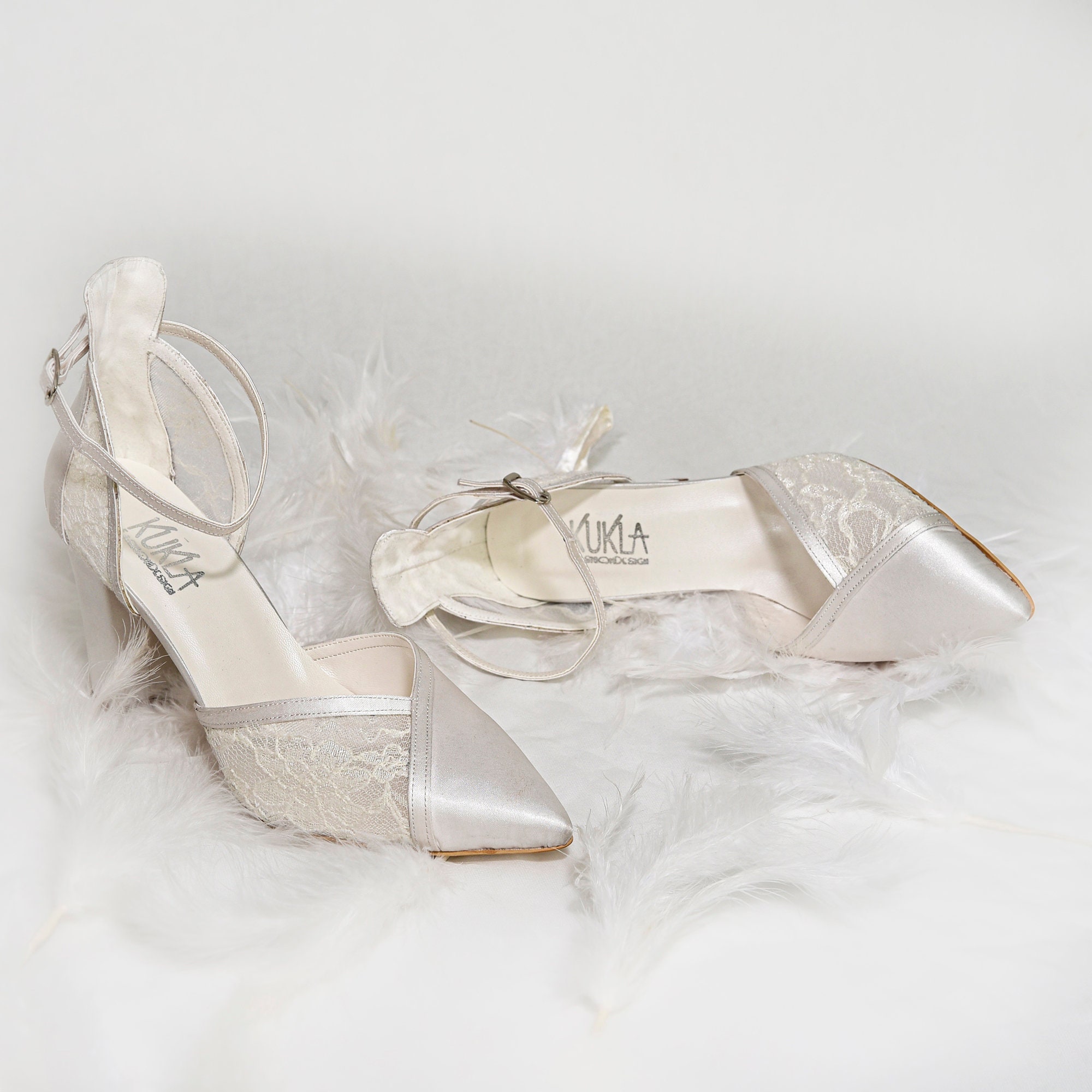 Women's Wedding Shoes – Pointed Toe Stiletto Heels, Satin With Lace Embroidery, Ankle Strap
