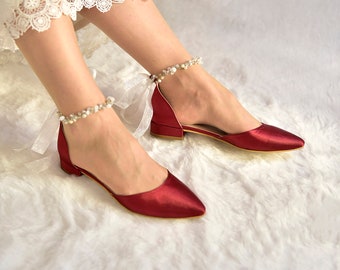 Burgundy Bridal Flats with Crystal and Pearl Ankle Strap, Pointy Toe Bordeaux Wedding Shoes