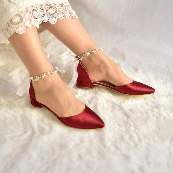 Burgundy Bridal Flats with Crystal and Pearl Ankle Strap, Pointy Toe Bordeaux Wedding Shoes