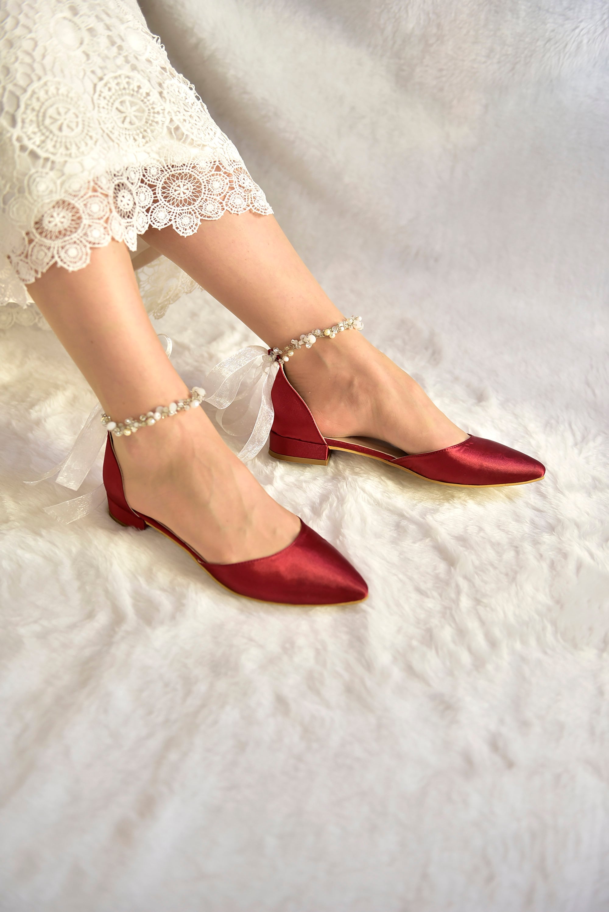 Burgundy Bridal Flats With Crystal and Pearl Ankle Strap Pointy