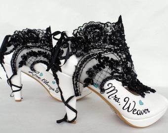 Black Lace Embellished White Wedding Shoes, Custom Bridal Shoes