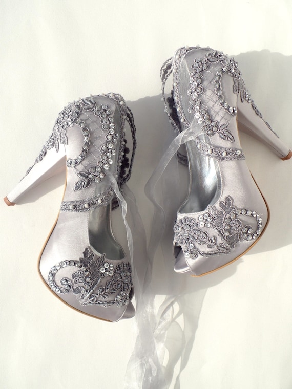 Silver Lace Wedding Shoes Gray Bridal 