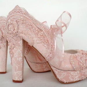 Blush Lace Wedding Shoes for Bride with Block Heels image 4