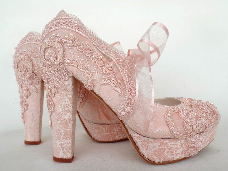 Blush Lace Wedding Shoes for Bride with Block Heels image 4