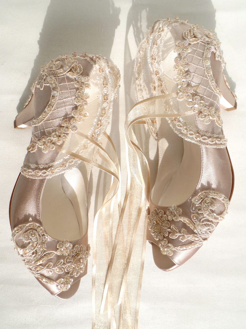 Champagne Satin Bridal Shoes With Kitten Heels - Etsy