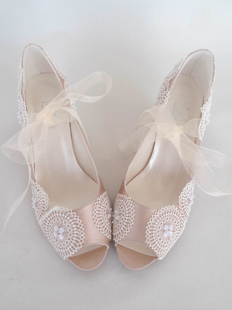 Low Heel Boho Wedding Shoes, Champagne Satin and Ivory Lace - Etsy ...