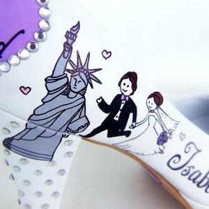 personalized wedding shoe with Liberty statue, bride and groom drawing and lilac hearts