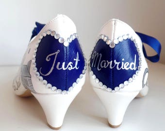 Custom Wedding Shoes for Bride, Navy and Silver Bridal Shoes with Low Heels