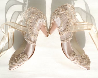 Champagne Satin Bridal Shoes with Kitten Heels