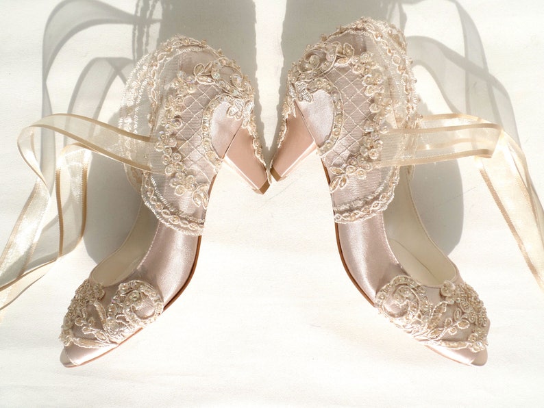 Champagne Satin Bridal Shoes With Kitten Heels - Etsy UK