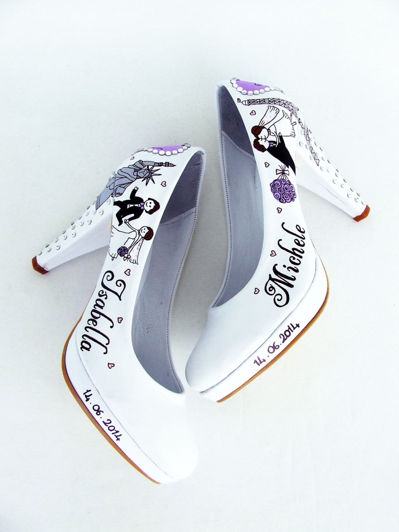 Custom Wedding Shoes for Bride, Hand painted Purple Bridal Shoes, Paris New York image 5