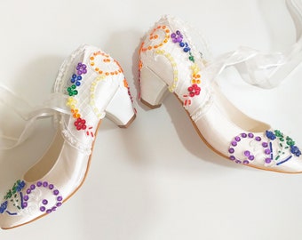 Rainbow Embroidered Lace Wedding Shoes: Ivory Satin Low Heels