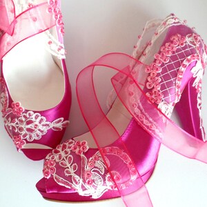 Hot pink lace embellished wedding heels for magenta wedding theme.