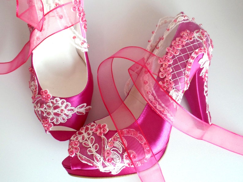 Hot pink lace embellished wedding heels for magenta wedding theme.