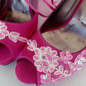 Magenta Satin and Ivory Lace Wedding Shoes for Bride image 6