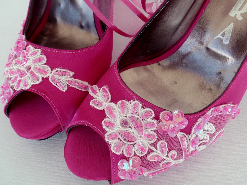 Magenta Satin and Ivory Lace Wedding Shoes for Bride image 6