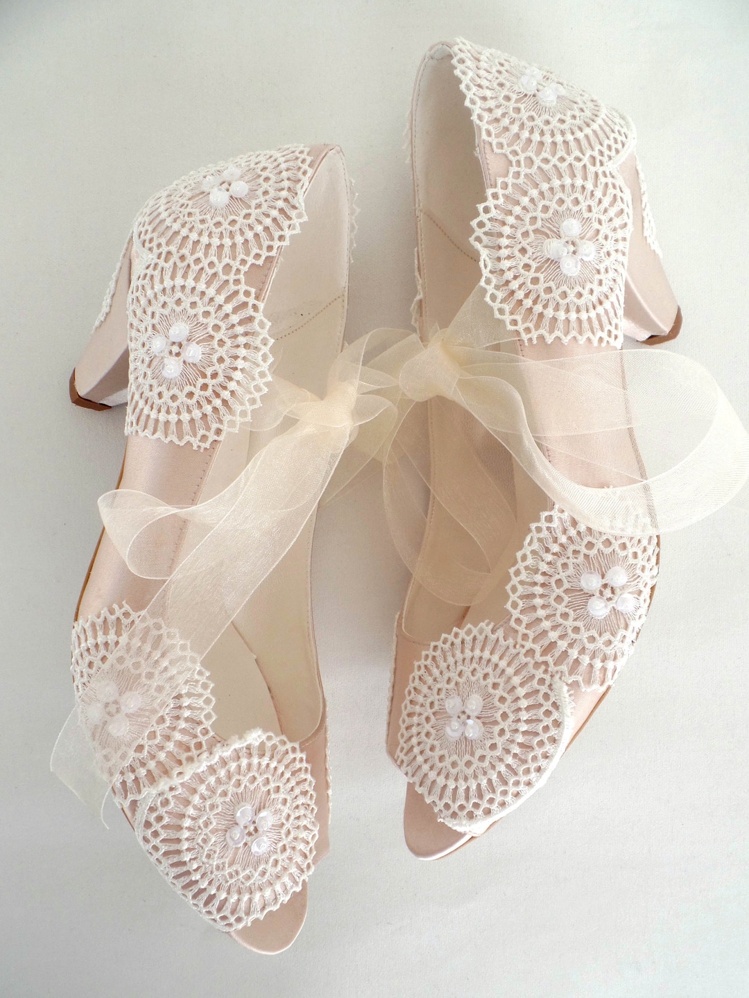Low Heel Boho Wedding Shoes, Champagne Satin and Ivory Lace - Etsy