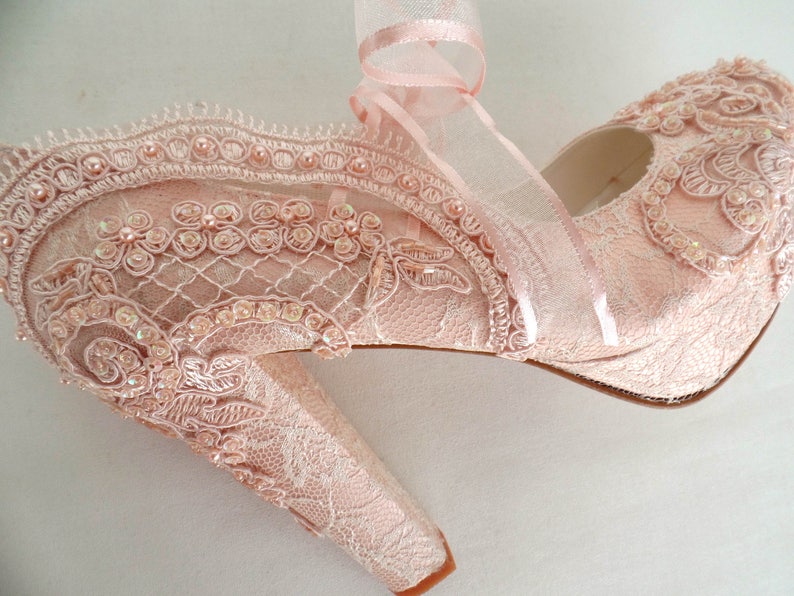 Blush Lace Wedding Shoes for Bride with Block Heels image 5