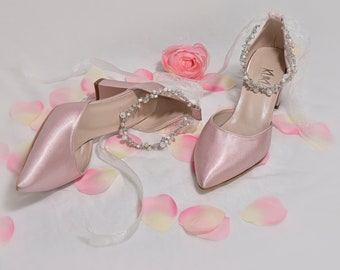 Dusty Pink Wedding Shoes with Crystal and Pearl Ankle Strap, Romantic Bridal Shoes