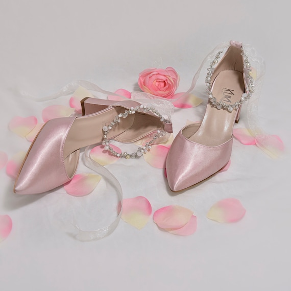 Dusty Pink Wedding Shoes With Crystal and Pearl Ankle Strap, Romantic  Bridal Shoes - Etsy