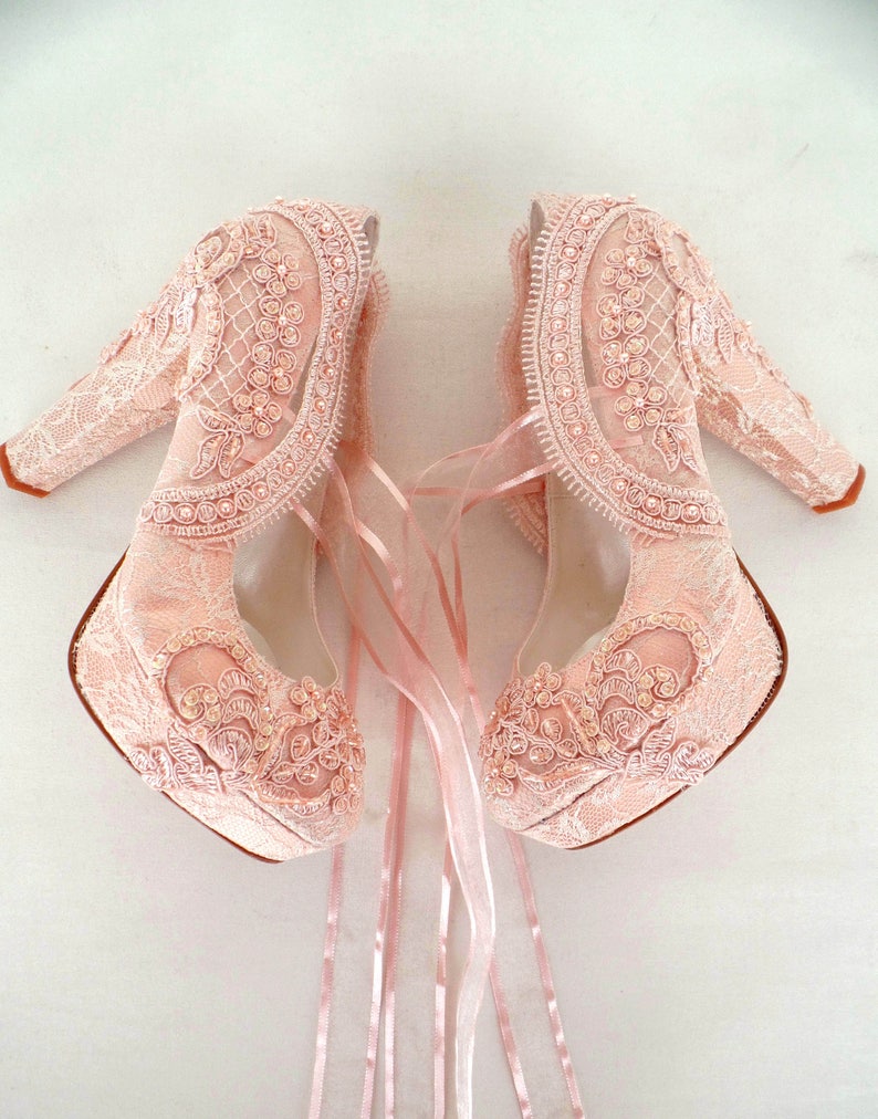 Blush Lace Wedding Shoes for Bride with Block Heels image 1