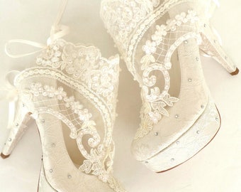 Something Blue Lace Bridal Boots with Rhinestones