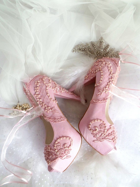 Light Pink Square Toe Sandal Elegant Ankle Strap Stiletto Heel Wedding Lace  Flower Shoes