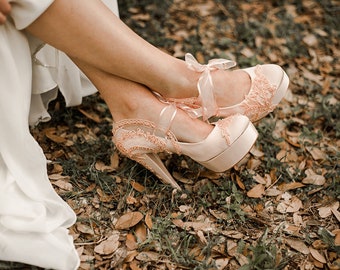 Peach Satin Embellished Lace Wedding Shoes